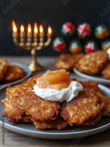 Hanukkah celebrations festive atmosphere with delicious latkes photography photo