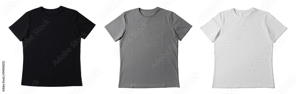 White, grey and black t-shirts isolated on white. Mockup for design