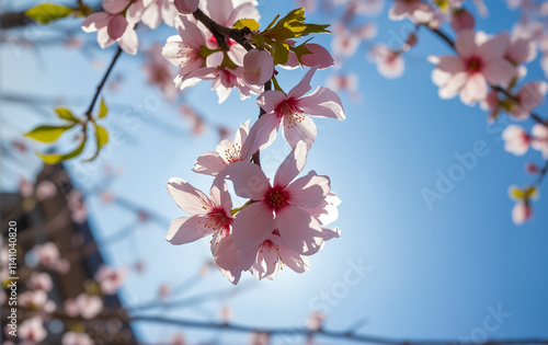 Close-up of cherry blossom branches in full bloom with delicate pink flowers set against a clear blue sky. photo