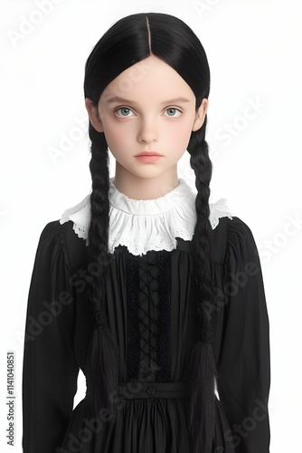 A young girl, dressed in a black dress with a white lace collar, features long, dark braided hair. Her expression is serious and mysterious, embodying an iconic character style that captivates.