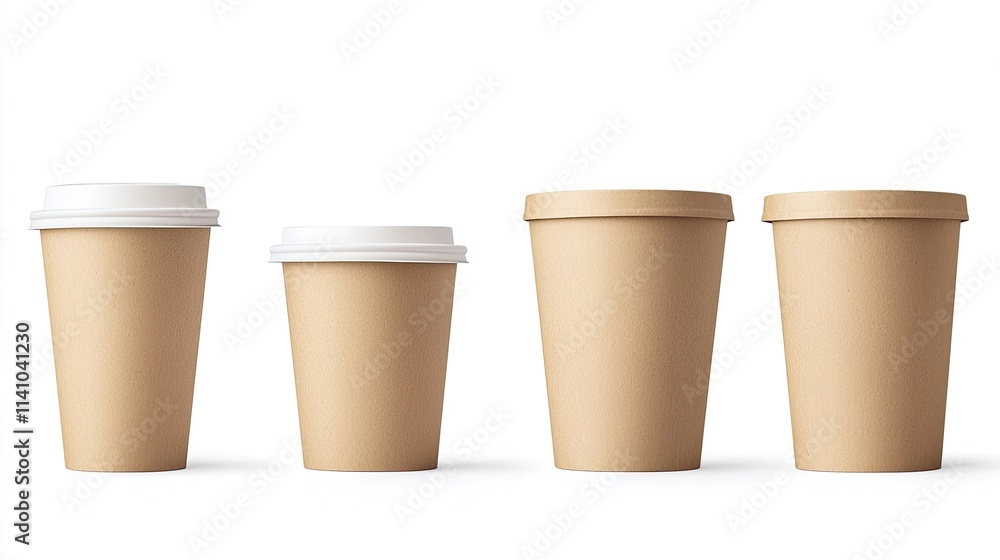 Four disposable cups of varying sizes, designed for beverages. Four disposable cups of varying sizes, designed for beverages.