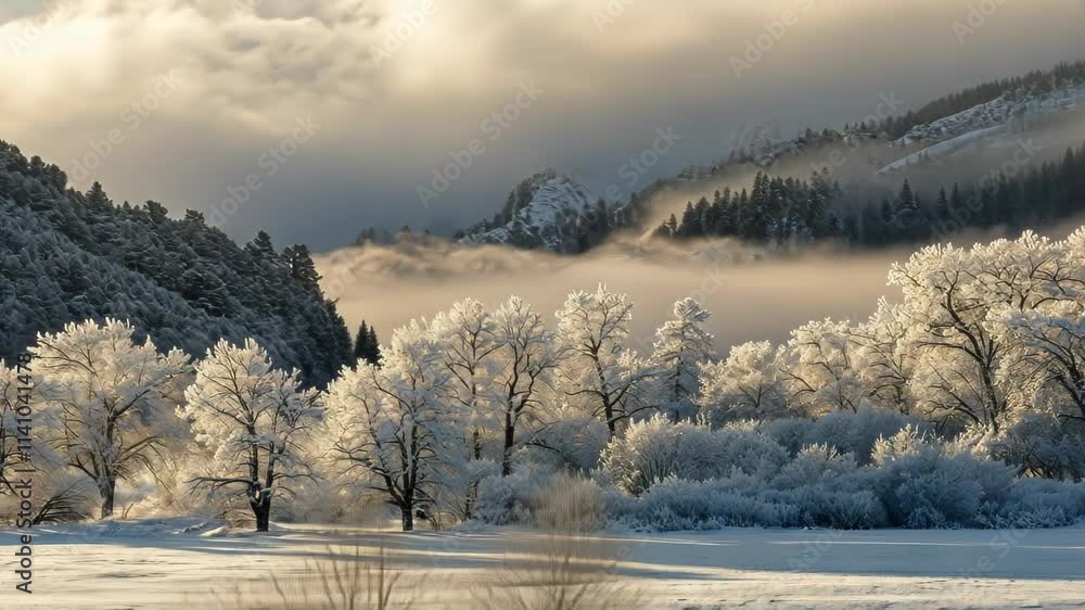 Winter Wonderland: Frost-Covered Trees in Mountain Valley Winter Wonderland: Frost-Covered Trees in Mountain Valley