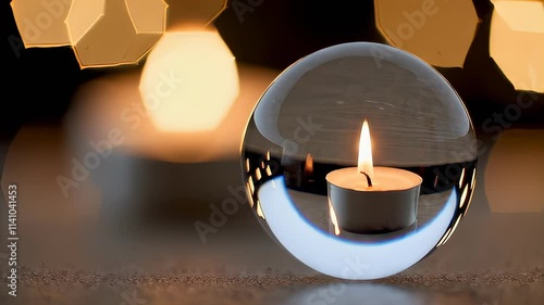 Seamless looping crystal sphere with warm candle flame reflections photo