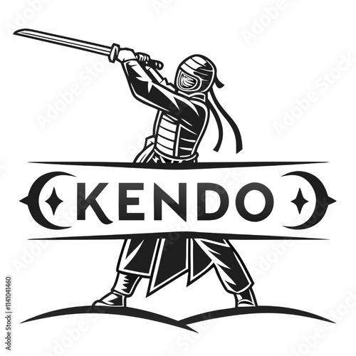 Kendo Warrior:  A striking monochrome illustration of a Kendo practitioner in full armor, sword raised high, set against a stylized banner proclaiming "Kendo.