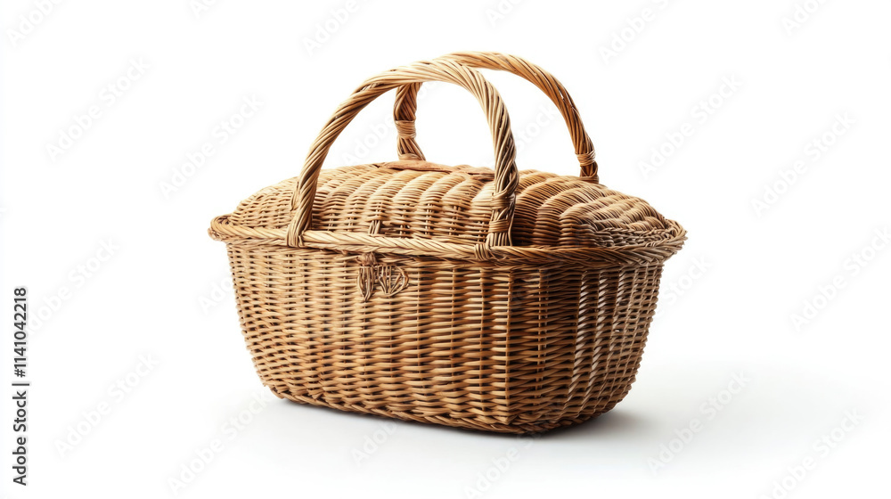 woven wicker basket with handles isolated on white background
woven wicker basket with handles isolated on white background