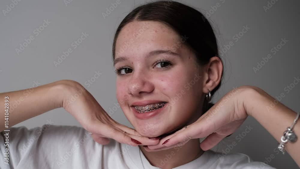 Love the bracket system, white background. Teenage girl love orthodontic treatment. Enjoy the straight teeth. Caucasian woman smiling with braces. Love the bracket system, white background. Teenage girl love orthodontic treatment. Enjoy the straight teeth. Caucasian woman smiling with braces.