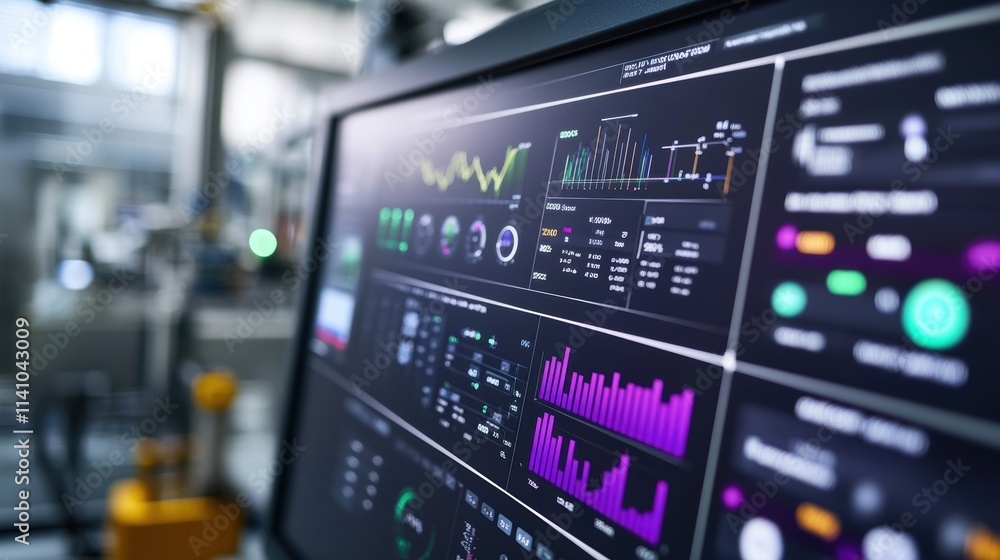 A closeup of a digital dashboard showing live metrics from multiple connected machines with colorful graphs indicating efficiency speed and operational anomalies. A closeup of a digital dashboard showing live metrics from multiple connected machines with colorful graphs indicating efficiency speed and operational anomalies.
