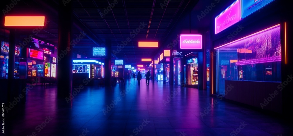 Neon-lit arcade corridor with two distant figures. Neon-lit arcade corridor with two distant figures.