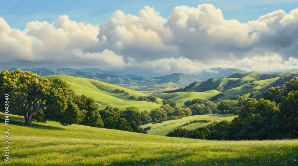 Lush green valley landscape with rolling hills, trees, and fluffy clouds under a bright sky. Lush green valley landscape with rolling hills, trees, and fluffy clouds under a bright sky.