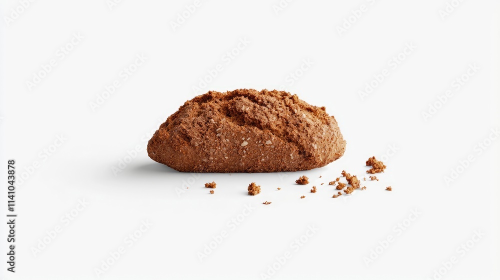 A single piece of brown bread with crumbs scattered on a white background. A single piece of brown bread with crumbs scattered on a white background.
