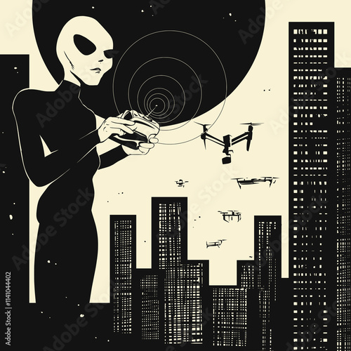 Alien Controlling Drones in City Vector Illustration