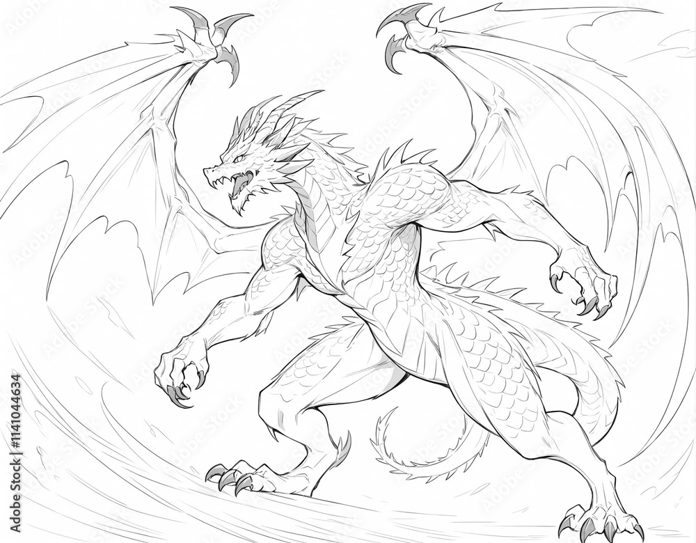 Pencil sketch of a majestic dragon drawn on a plain white canvas Pencil sketch of a majestic dragon drawn on a plain white canvas