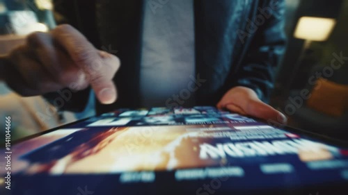 Footage of unrecognizable guy touching screen of digital tablet while looking for movie to watch in evening. Horizontal view of young man using app with streaming video. Entertainment. Leisure