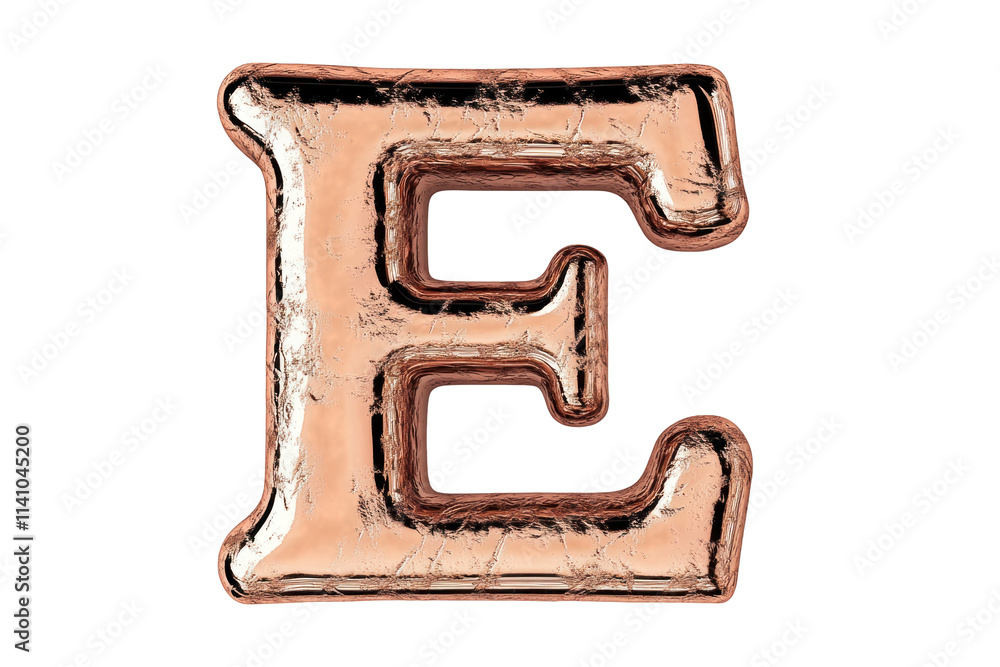 A single capital letter E is made from a metallic copper foil. It is isolated against a white background. A single capital letter E is made from a metallic copper foil. It is isolated against a white background.