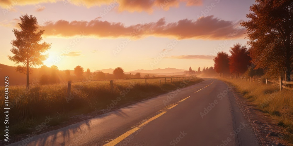 Crimson and gold sunrise over quiet country road , calm, drive Crimson and gold sunrise over quiet country road , calm, drive