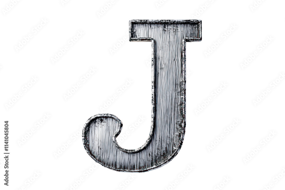 A single, uppercase letter 'J' made of brushed metal with a slight worn texture, isolated on a white background. A single, uppercase letter 'J' made of brushed metal with a slight worn texture, isolated on a white background.