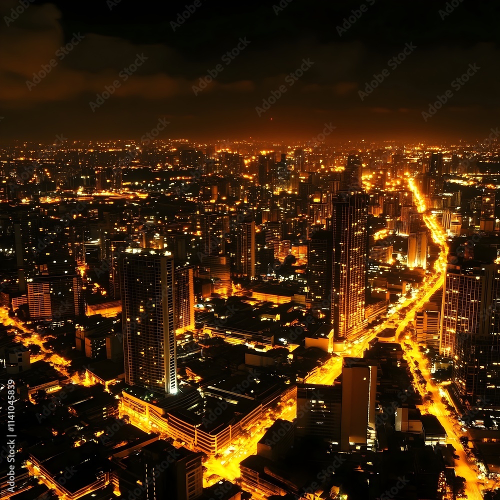 Aerial View of Modern City at Night with Illuminated Streets and Skyscrapers Aerial View of Modern City at Night with Illuminated Streets and Skyscrapers