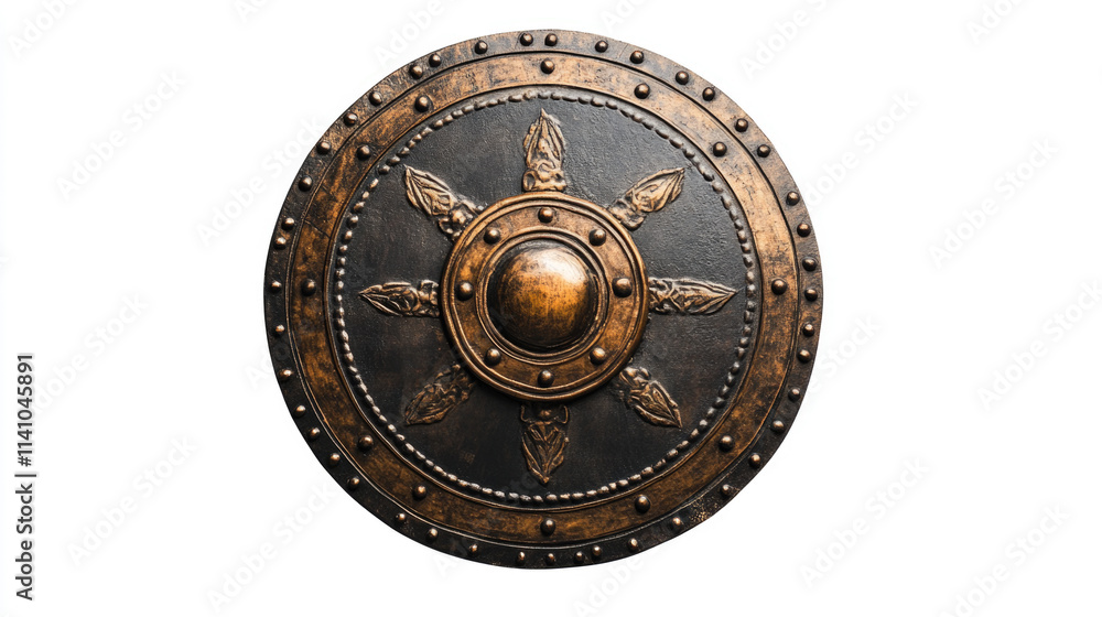 Fototapeta premium vintage medieval shield with metal details and intricate design isolated on white background