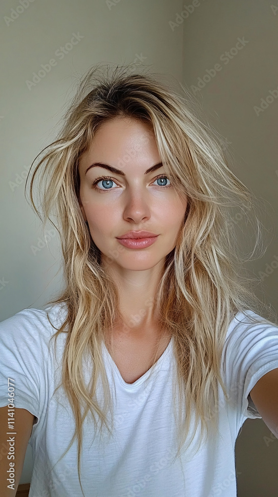 Naklejka premium A blonde woman with a white shirt and long hair