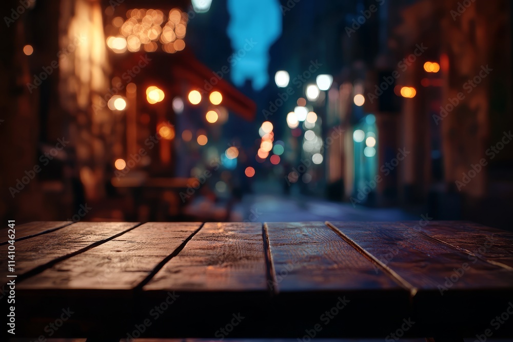 Dark wooden table in front of blurred night city street. Dark wooden table in front of blurred night city street.