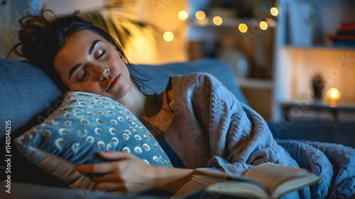 Femme endormie sur un canapé avec une couverture épaisse et un livre à la main. photo