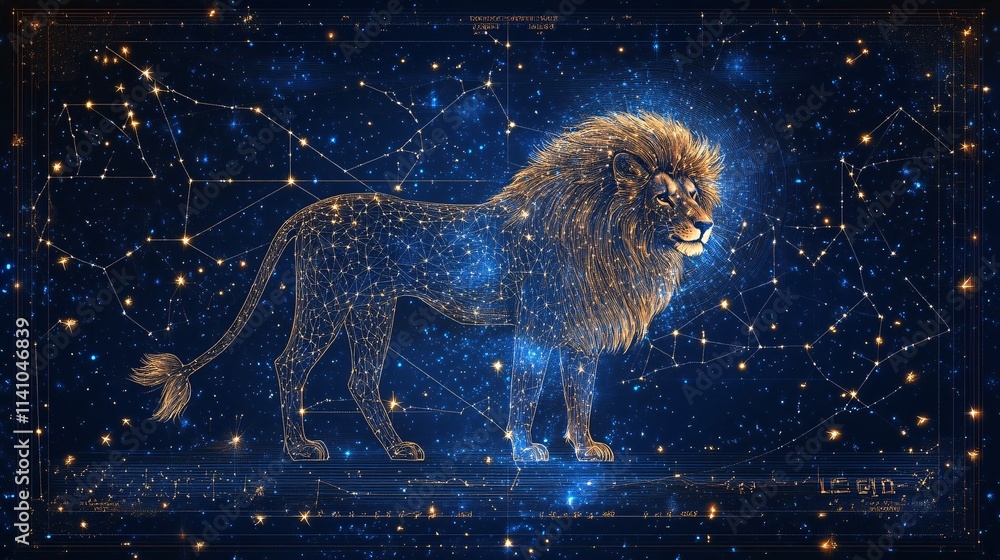 A detailed celestial chart featuring the Leo constellation, with precise star positions and names on a dark blue sky A detailed celestial chart featuring the Leo constellation, with precise star positions and names on a dark blue sky