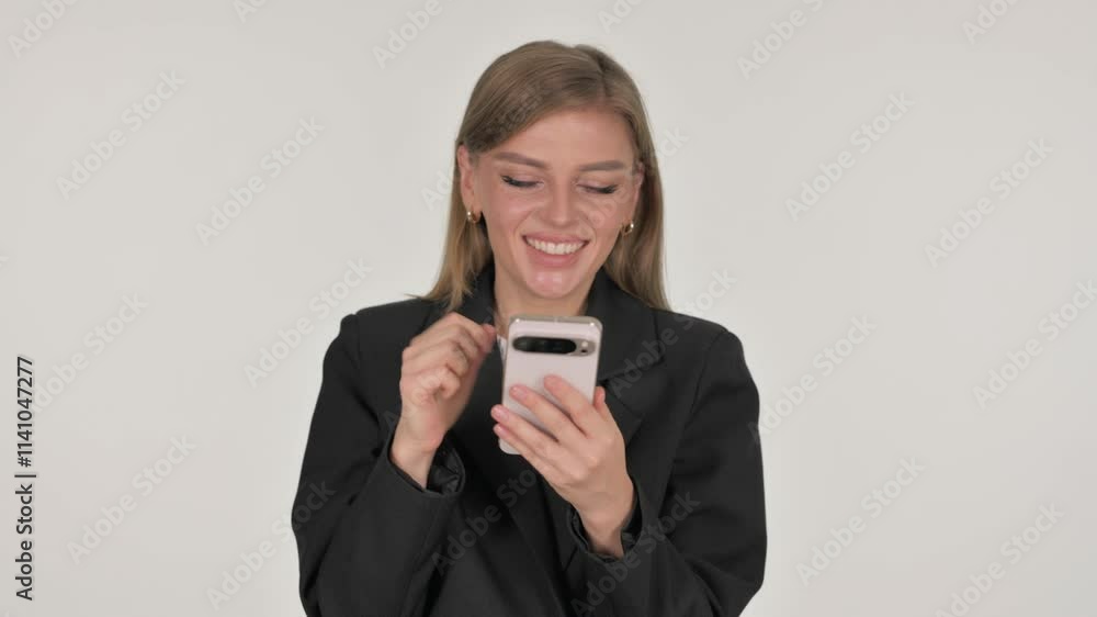 Portrait of Businesswoman Celebrating Success on Phone on White Background Portrait of Businesswoman Celebrating Success on Phone on White Background