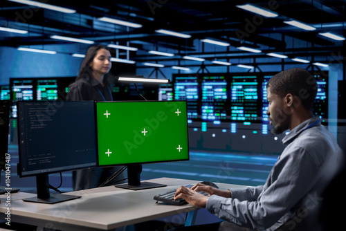 Man in data center updating systems on green screen PC to protect servers from exploitable software vulnerabilities. IT expert using mockup computer to look for errors causing servers to slow down photo