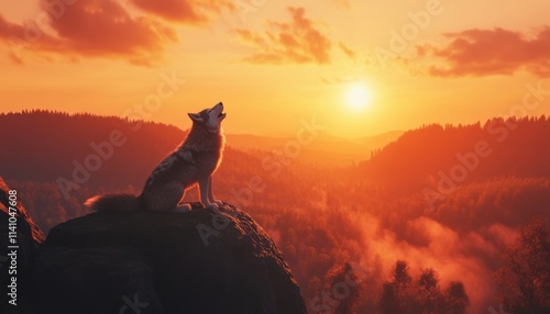 Wolf howling at sunset over a mountainous landscape