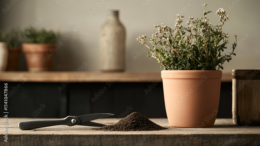 Minimalist Gardening Scene with a Potted Plant, Soil, and Pruning Shears on a Wooden Surface by a Sunny Window Minimalist Gardening Scene with a Potted Plant, Soil, and Pruning Shears on a Wooden Surface by a Sunny Window