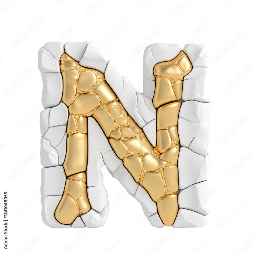 A white, cracked, 3D letter 'N' with a gold, metallic interior. A white, cracked, 3D letter 'N' with a gold, metallic interior.