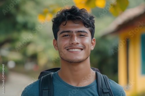 Cute South American young man smiling outdoors photo