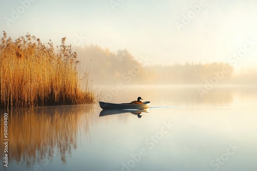 Fototapeta Naklejka Na Ścianę i Meble -  Early morning kayak trip on a calm lake surrounded by mist and golden reeds