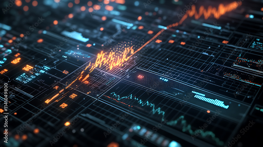 Detailed analysis display: investment trading metrics and trends on stock market graph chart with indicators, financial monitoring close-up view Detailed analysis display: investment trading metrics and trends on stock market graph chart with indicators, financial monitoring close-up view