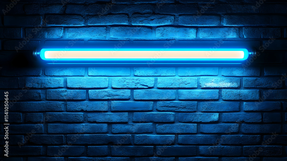 Glowing blue neon light bar on a dark brick wall. Glowing blue neon light bar on a dark brick wall.