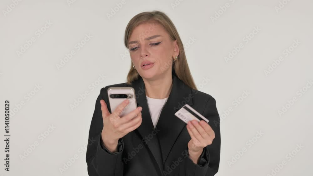 Portrait of Businesswoman Facing Shopping Failure on White Background Portrait of Businesswoman Facing Shopping Failure on White Background