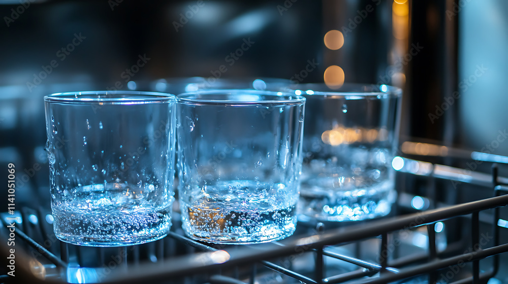 Drink glasses that have been cleaned in a dishwasher Drink glasses that have been cleaned in a dishwasher