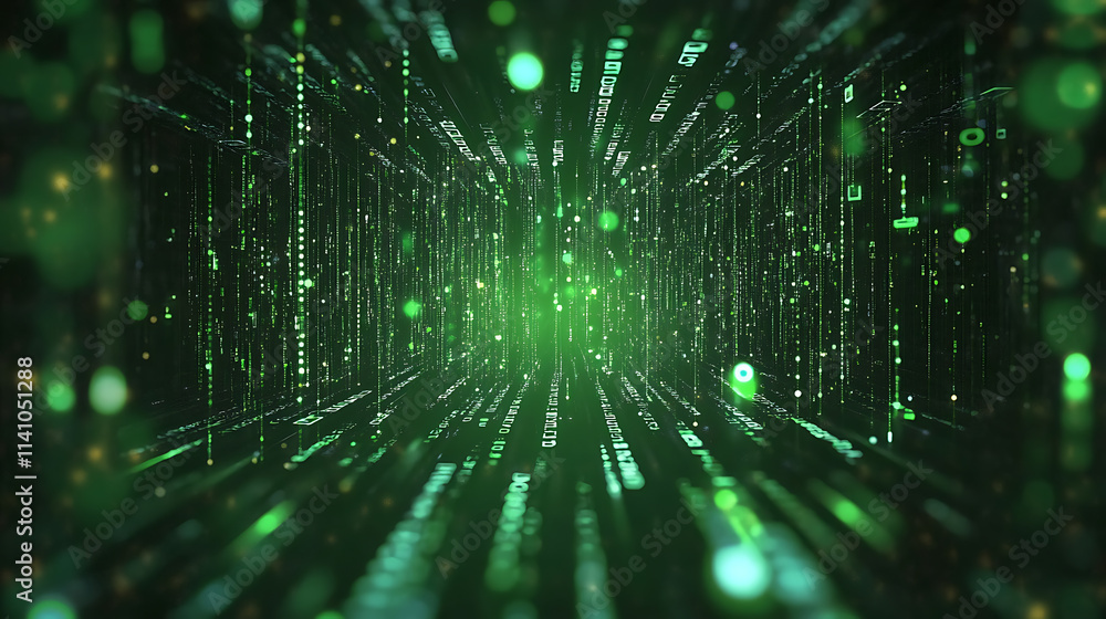 Abstract digital waves with binary code on a dark green background, symbolizing data flow Abstract digital waves with binary code on a dark green background, symbolizing data flow
