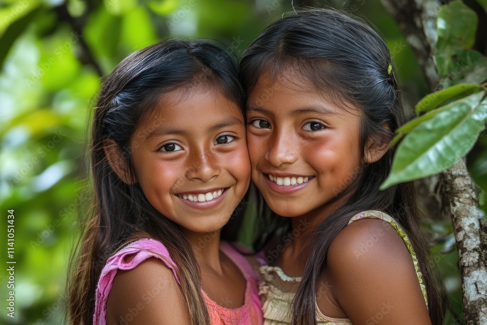 Two girls from the Peruvian jungle pose smiling for the camera. July 03 2015 Chanchamayo. Peru. Two girls from the Peruvian jungle pose smiling for the camera. July 03 2015 Chanchamayo. Peru.