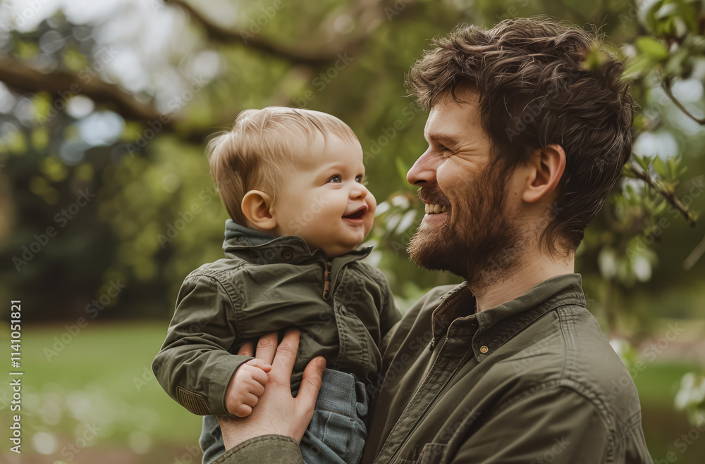 Man holds a baby in his arms. The baby is smiling and looking up at the man. father's day concept Man holds a baby in his arms. The baby is smiling and looking up at the man. father's day concept