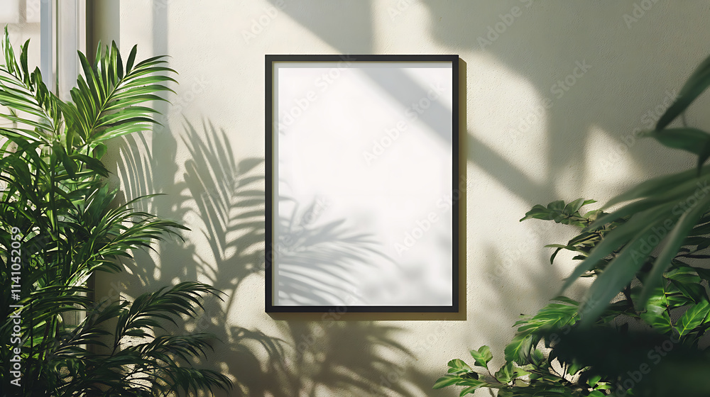 Blank white poster on wall, at minimalist living room, with soft natural light, sofa and plants, wall frame mockup Blank white poster on wall, at minimalist living room, with soft natural light, sofa and plants, wall frame mockup
