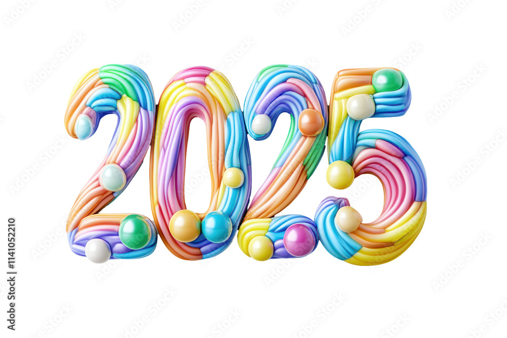 Colorful 3D 2025 new year celebration with rainbow swirl and small balls against white background. Colorful 3D 2025 new year celebration with rainbow swirl and small balls against white background.