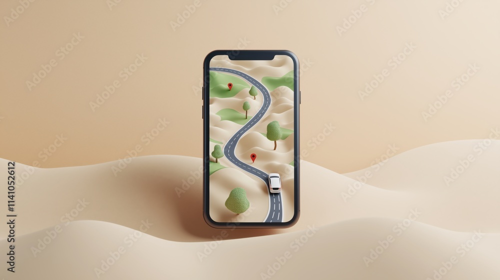 Smartphone navigation concept with scenic road and gps markers in minimalist desert landscape Smartphone navigation concept with scenic road and gps markers in minimalist desert landscape
