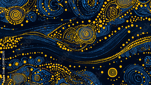 Blue and yellow pattern on black background, australian dot-painting aboriginal