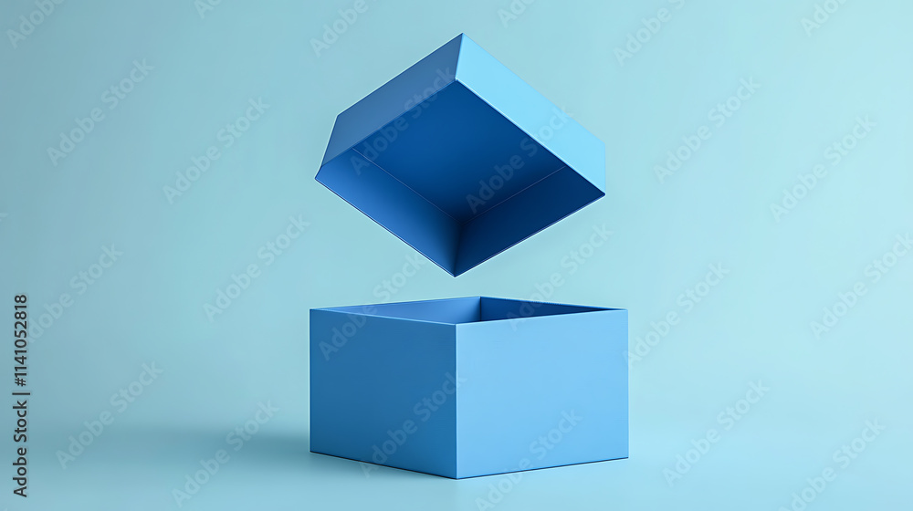 Fototapeta premium Elegant blue gift box with its lid floating above, revealing the empty space inside