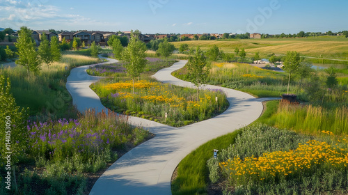 Fototapeta Naklejka Na Ścianę i Meble -  Texas Prairie Park with wildflowers and winding walking trails, peaceful countryside escape