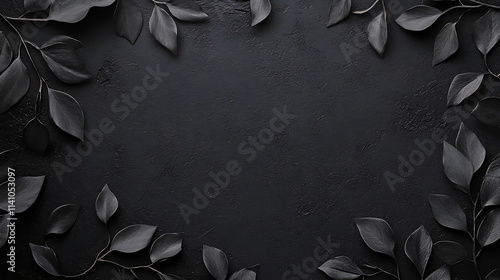 Elegant funeral condolences background featuring a dark, textured surface framed by delicate black leaves for a somber and respectful appearance