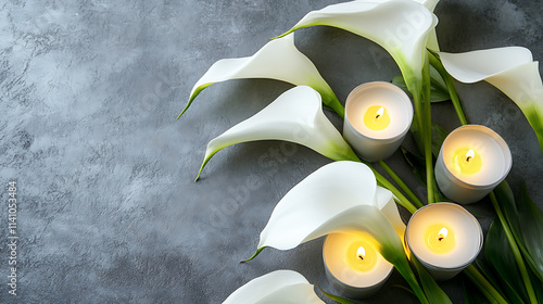 Elegant white calla lilies with lit candles for a peaceful funeral or condolence background on a gray textured backdrop