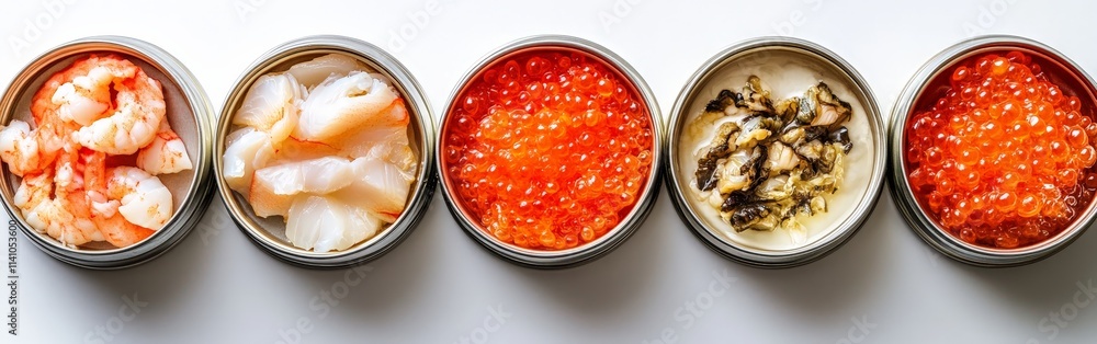 Open Cans of Seafood Arranged on White Background Open Cans of Seafood Arranged on White Background