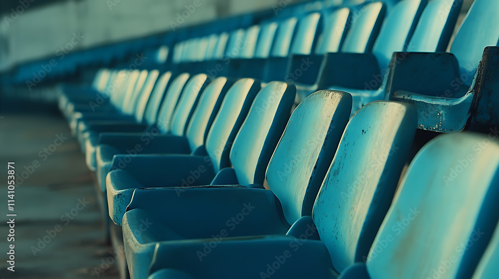 Obraz premium Blue seats in an outdoor stadium, rows of seats, advertising photography